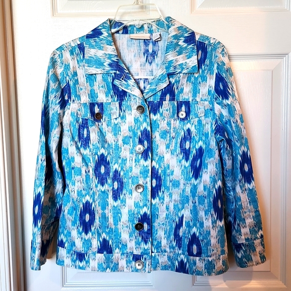 CHICO'S SIZE 1. LINEN/COTTON BLEND jacket. Beautiful shades of blue - Picture 1 of 9